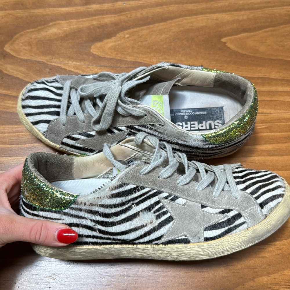 Golden Goose GGDB Zebra Pony Hair Low Super Star Sneaker Green Glitter EU 37
